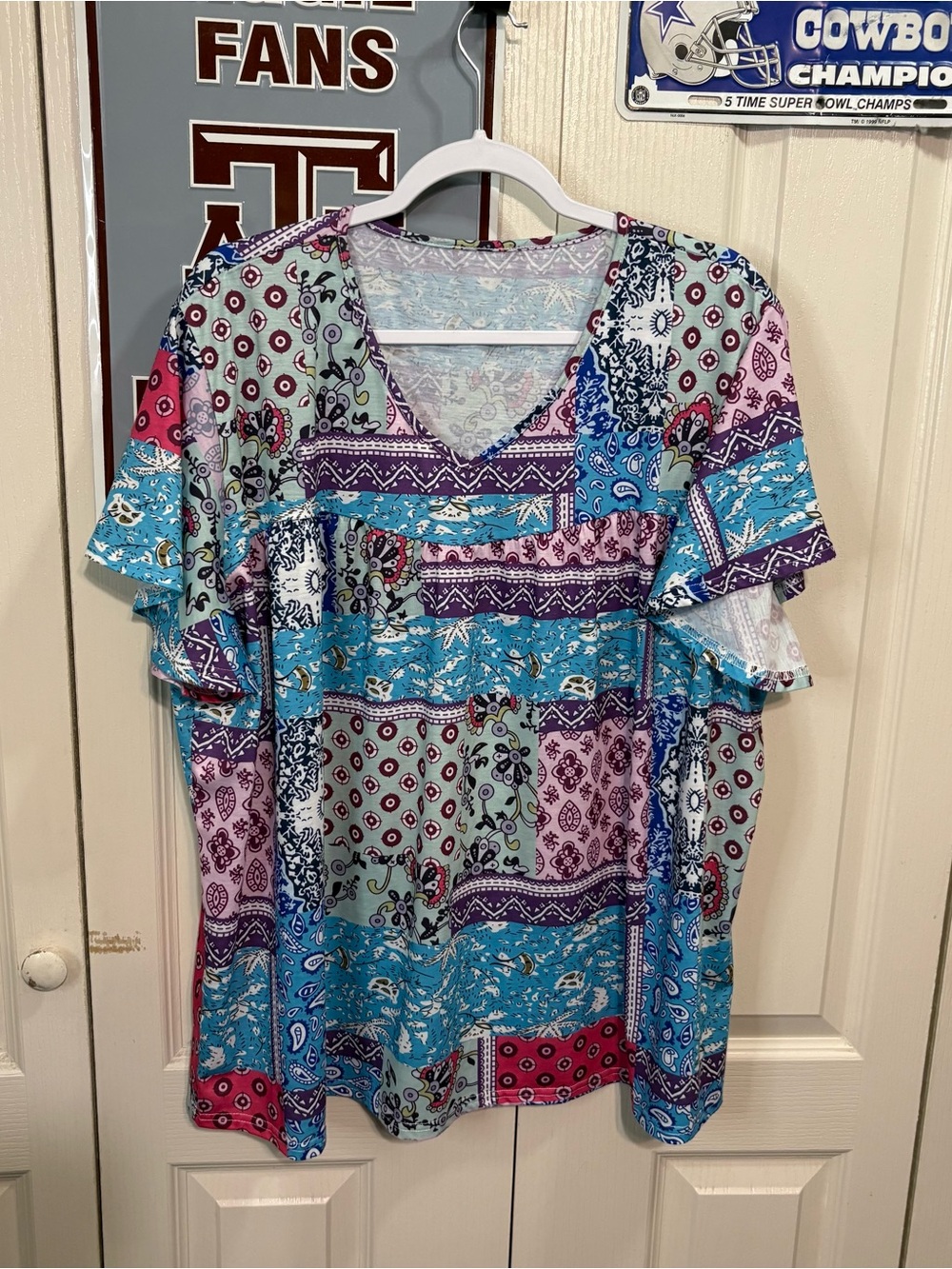 Boho Patchwork V-Neck Ruffle Sleeve Top - Multi - Picture 3 of 6
